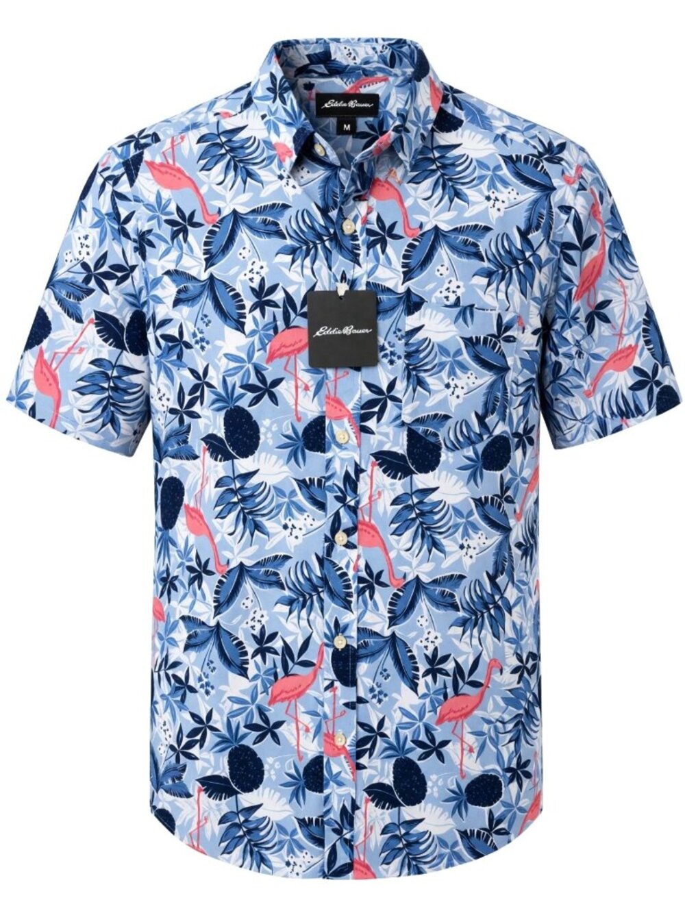Eddie Bauer Mens M Flamingo Tropical Print Shirt Short Sleeve Cotton NWT Blue